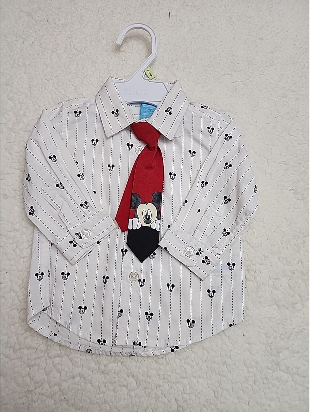 Disney Junior Button White Shirt AOP Mickey Black Pinstripe  Red Tie 0/3 M 67391
